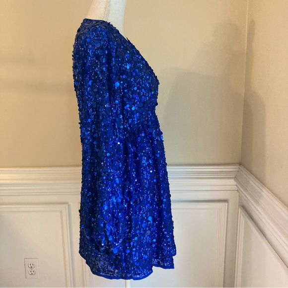 ASOS EDITION Royal Cobalt Blue Sequin Embellished Long Sleeve Faux Wrap Dress - Picture 3 of 12